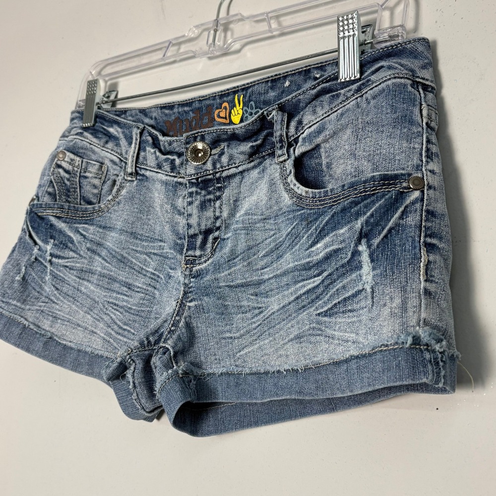 VTG Y2K Mudd Low Rise Micro Mini Denim Shorts Blue Acid Wash Embroidered Size 9 - Picture 2 of 8